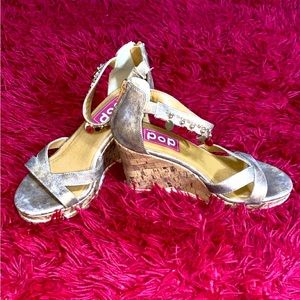 Gold wedge heels with dangling sequins, size 9